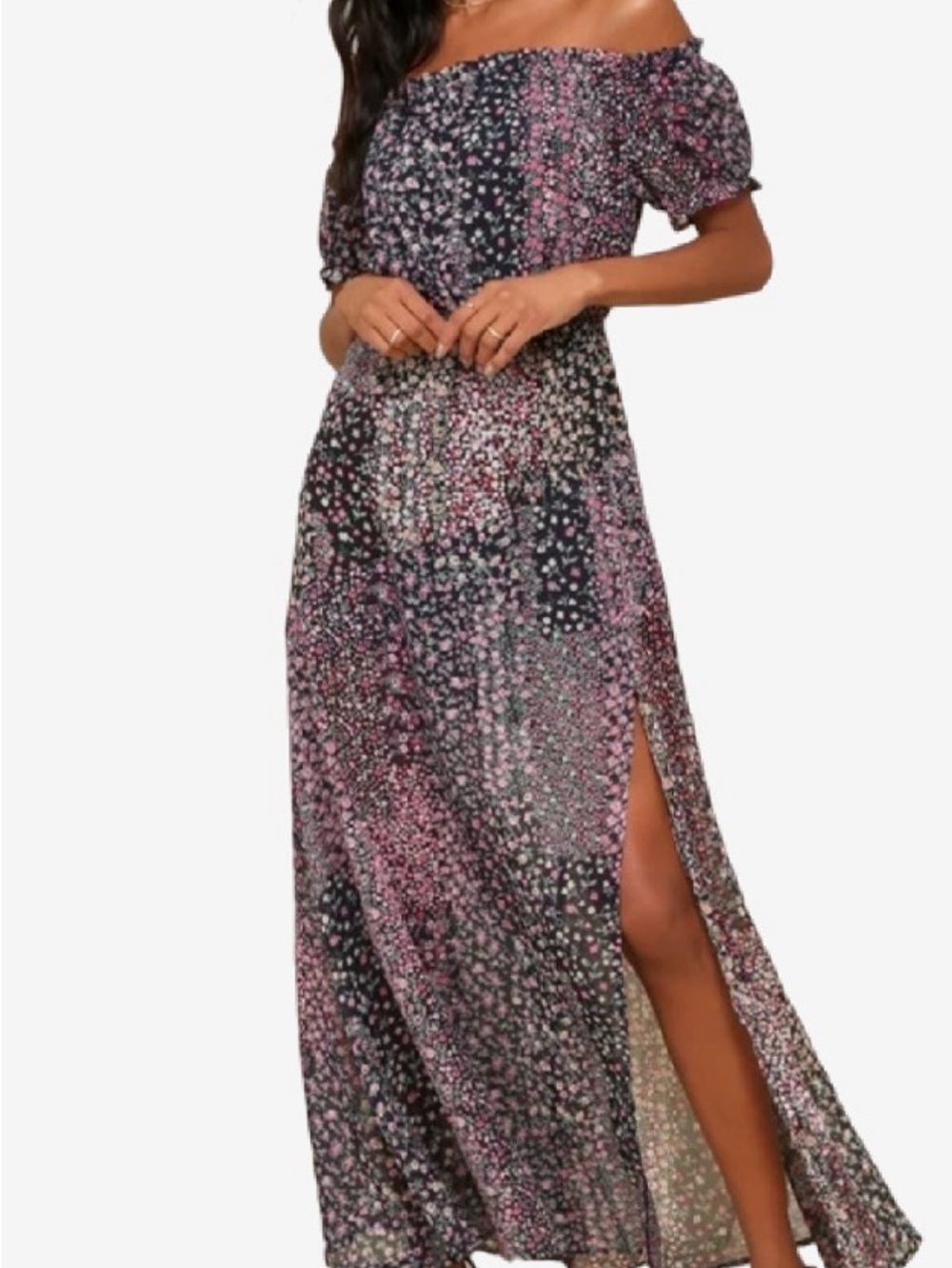 Lulus Neva Navy Floral Off Shoulder Maxi Dress Small Boho Garden Party